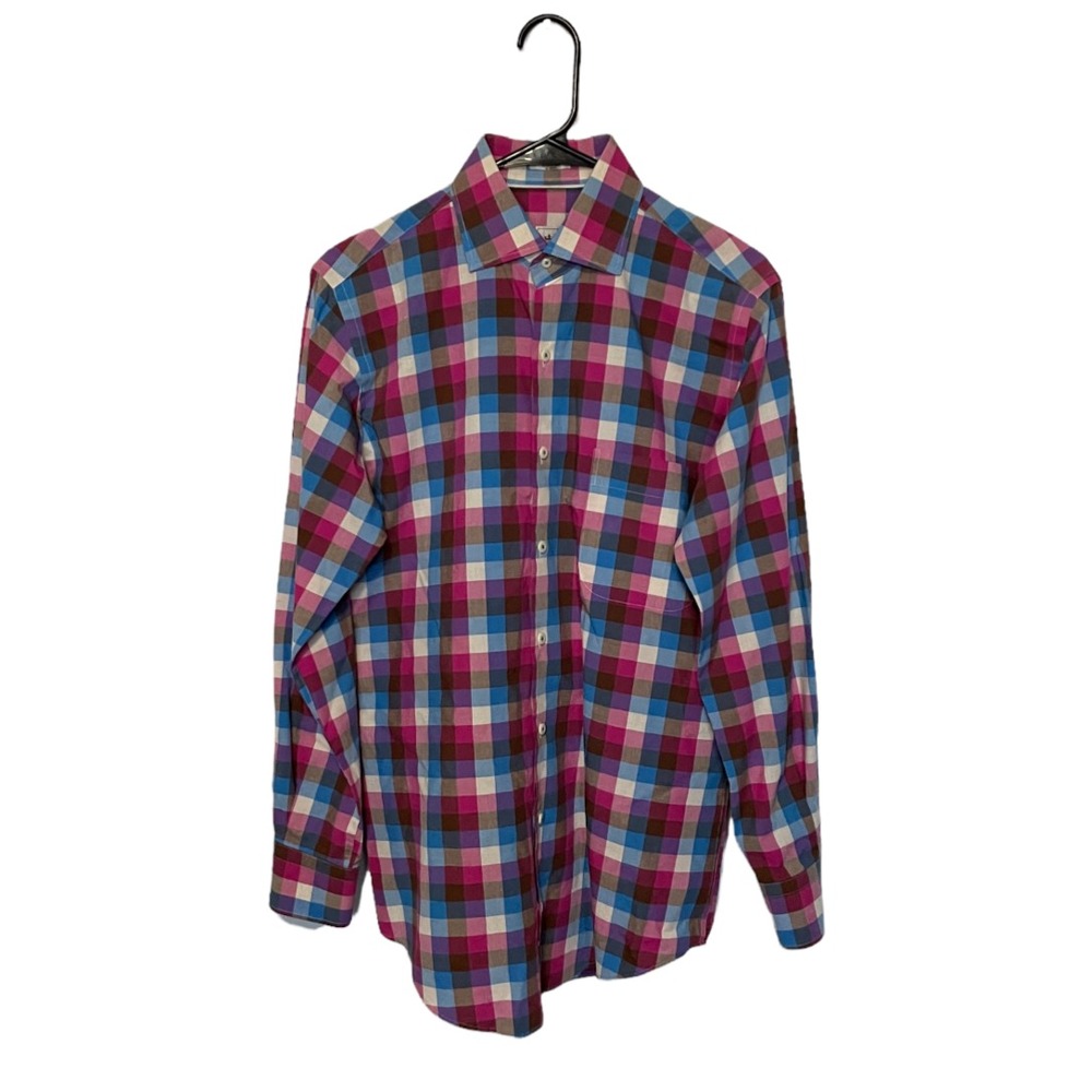 Peter Millar Shirt Mens Small Pink Blue Brown Plaid Long Sleeve Button Up Cotton